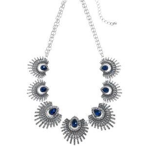 WHBM Womens Silver Metal Officer Blue Crystal Feather Fan Statement Necklace NEW